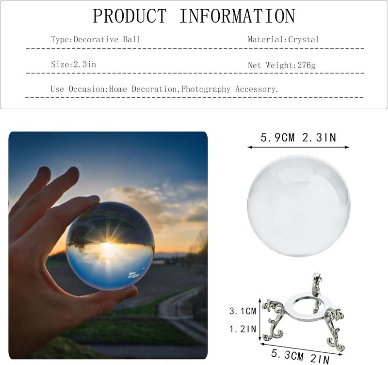 ZEERSHEE 2.3in Sparkling Clear Crystal Ball with Stand 60mm Handcrafted Photography Prop for Magical Shots Elegant Home & Party Decor for Women - Image 2